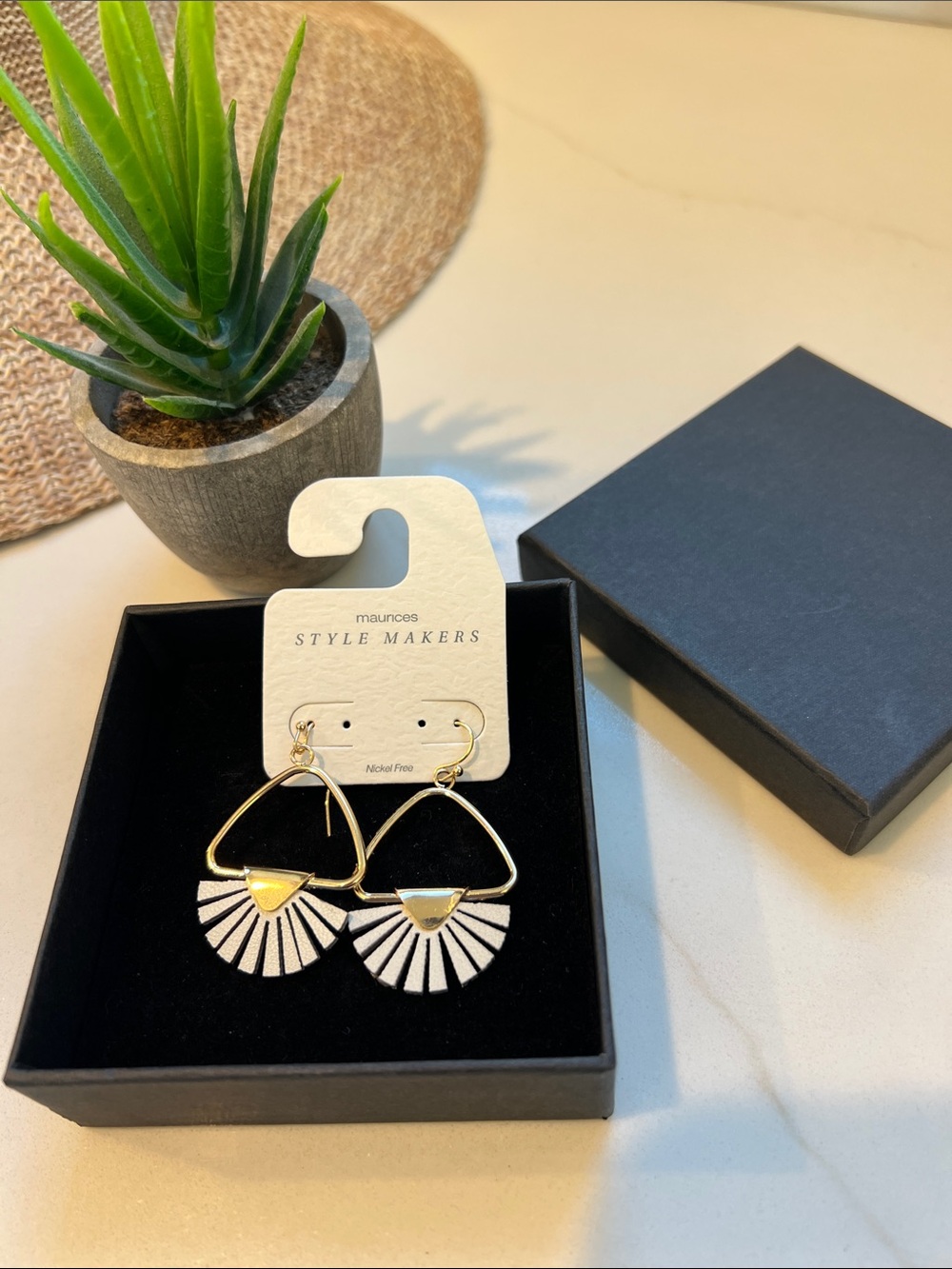 Maurices Gold and White Geometric Fan Drop Earrings